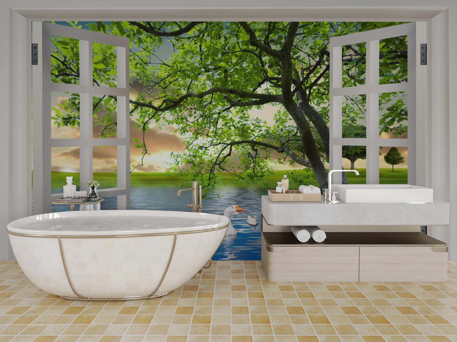 Fototapeta Łabędź unosi się na wodzie w pobliżu okna