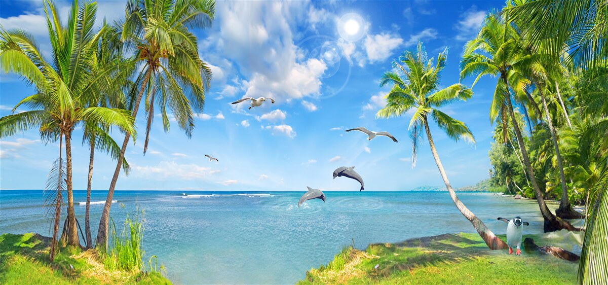 Fototapeta delfiny na pejzażu morskim