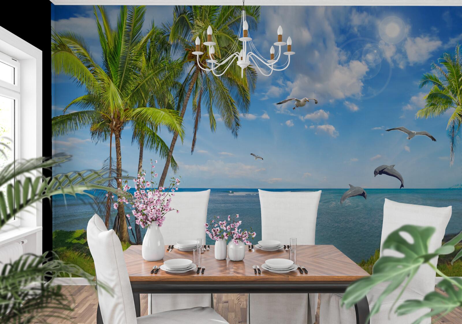 Fototapeta delfiny na pejzażu morskim