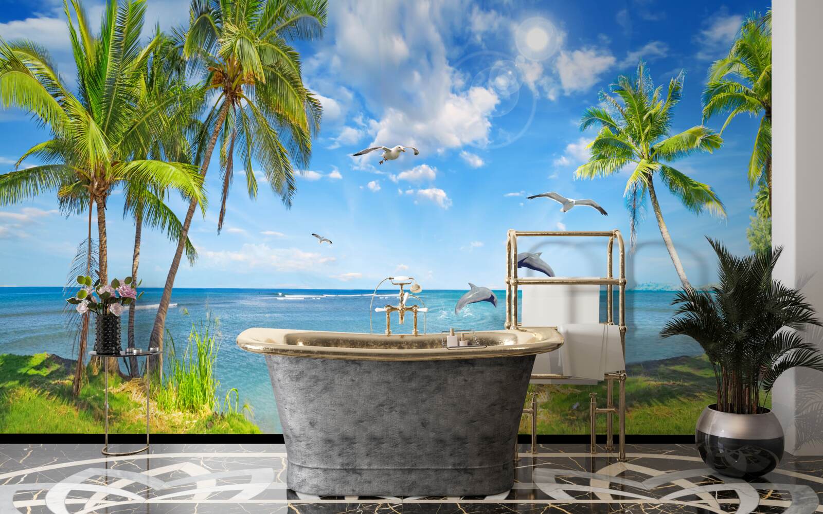 Fototapeta delfiny na pejzażu morskim