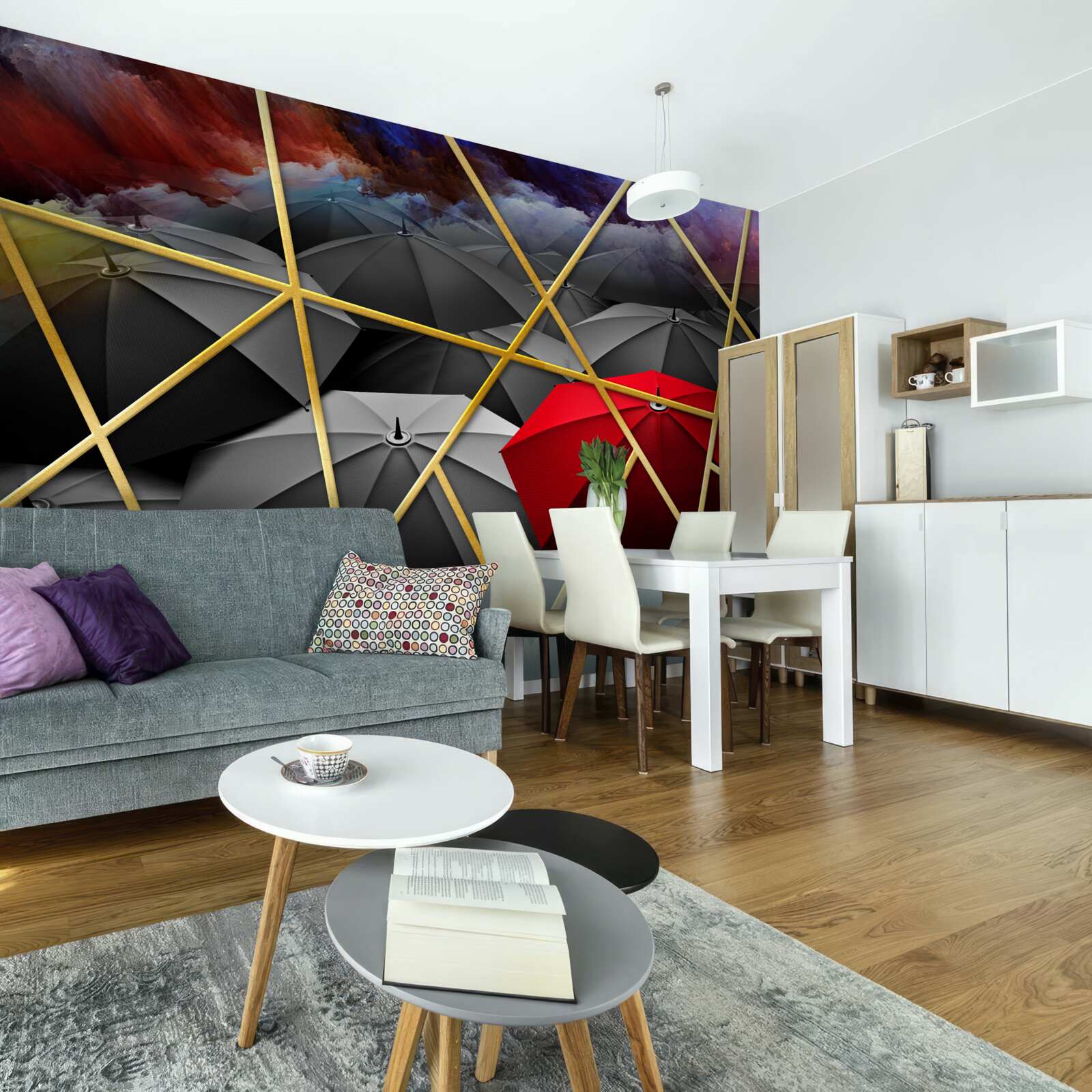 Fototapeta złota siatka na szarym tle akcentowana przez czerwony parasol