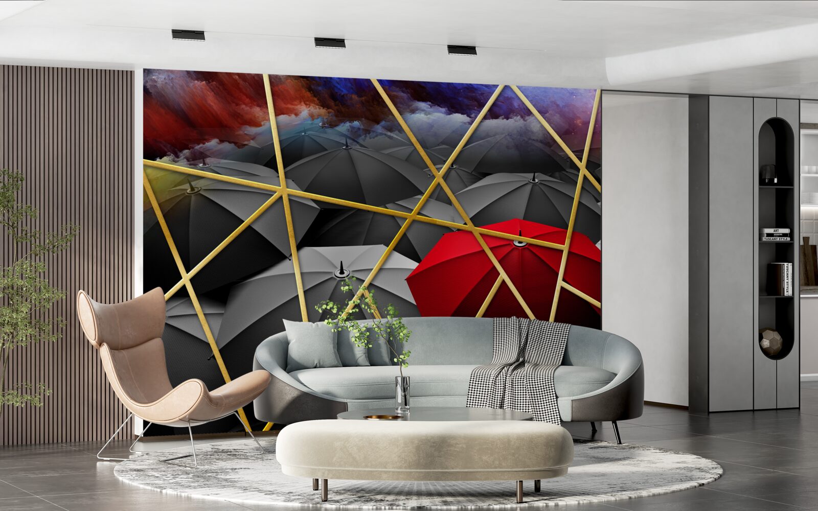Fototapeta złota siatka na szarym tle akcentowana przez czerwony parasol