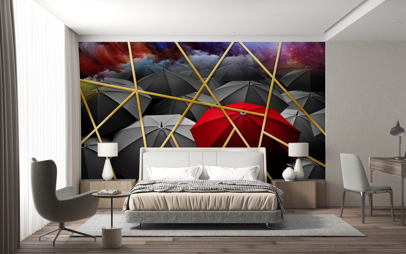 Fototapeta złota siatka na szarym tle akcentowana przez czerwony parasol