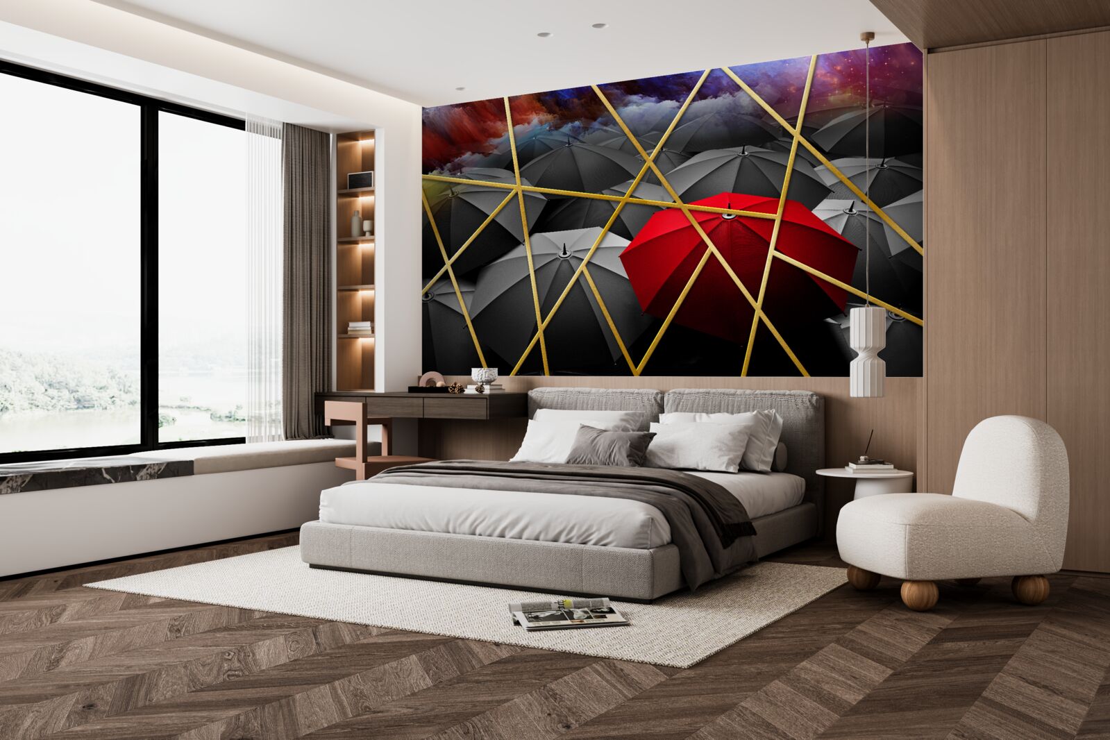 Fototapeta złota siatka na szarym tle akcentowana przez czerwony parasol