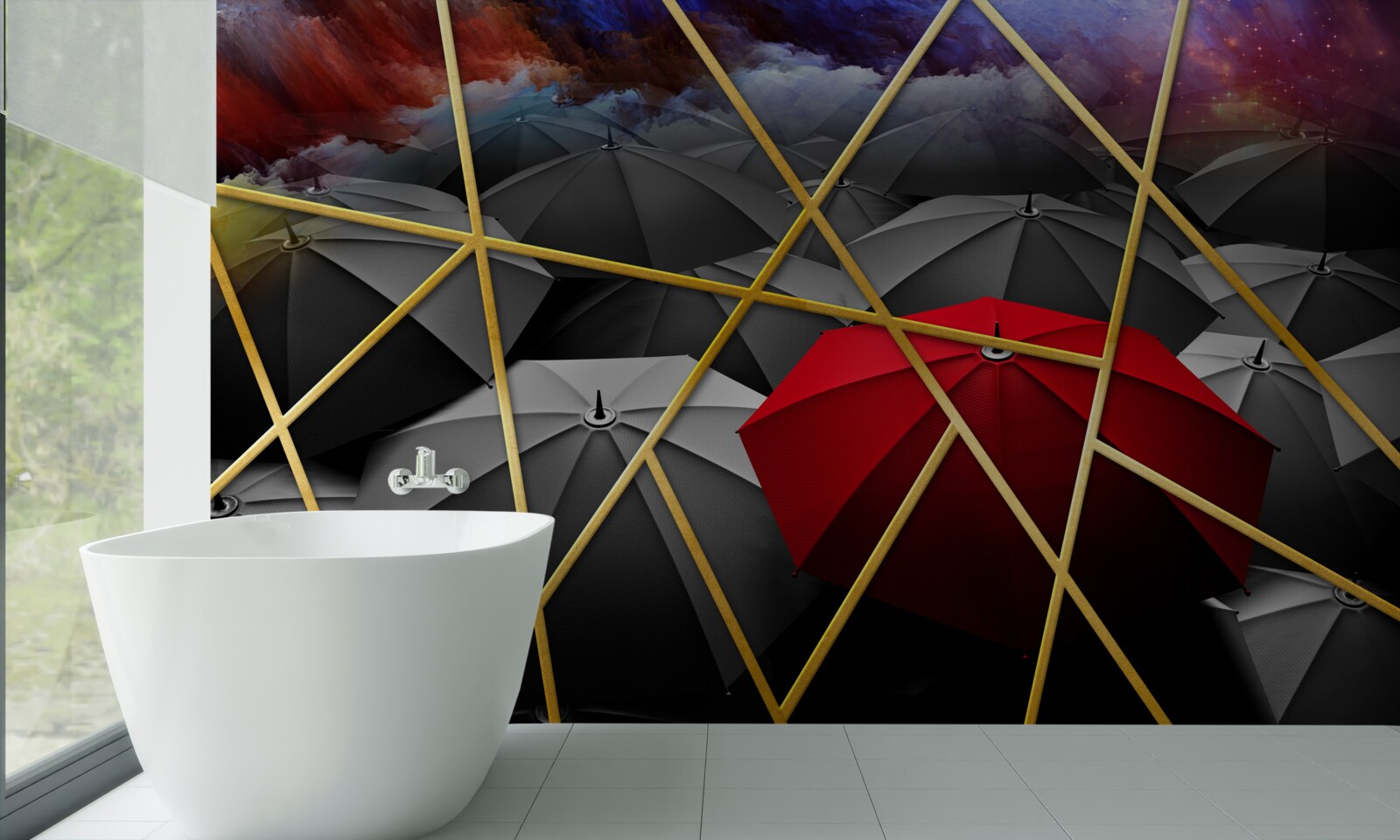 Fototapeta złota siatka na szarym tle akcentowana przez czerwony parasol