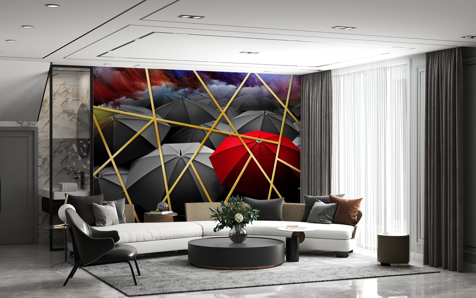Fototapeta złota siatka na szarym tle akcentowana przez czerwony parasol