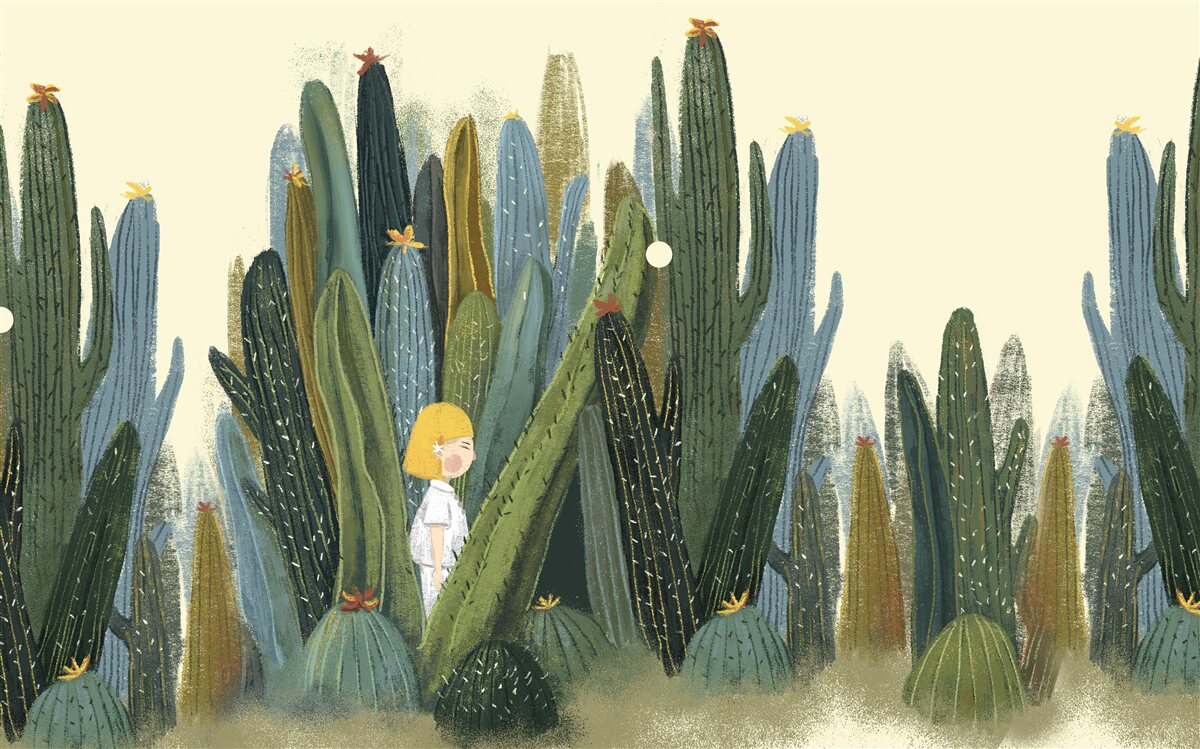 Fototapeta dziewczyna z rudymi włosami wśród kaktusów