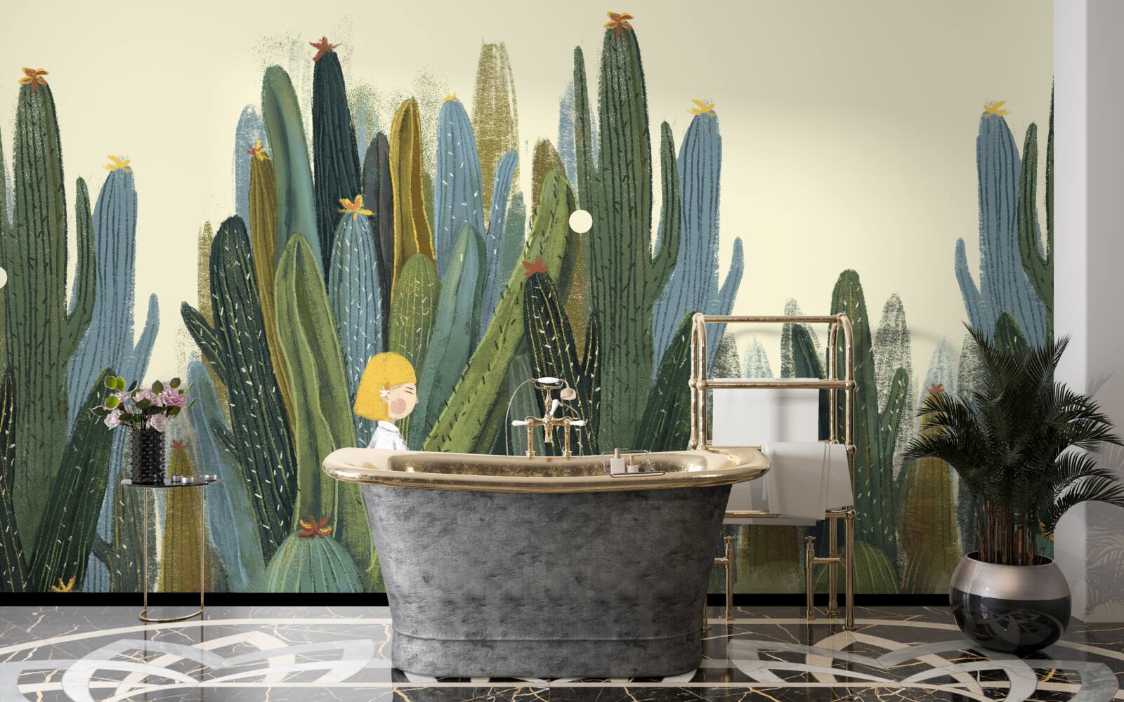 Fototapeta dziewczyna z rudymi włosami wśród kaktusów