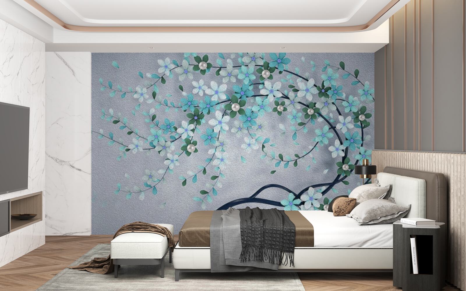 Fototapeta drzewo uginające się pod ciężarem drobnych kwiatków