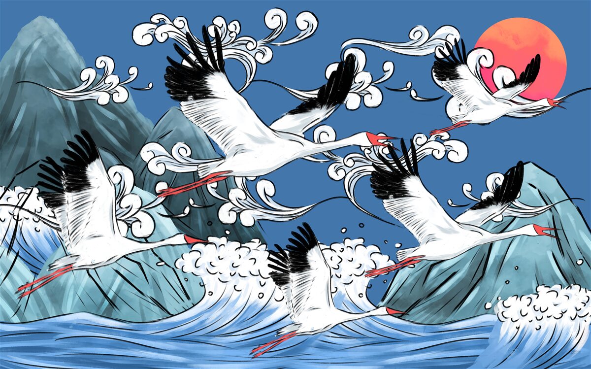 Fototapeta bociany kierują się w stronę morskiego zachodu słońca