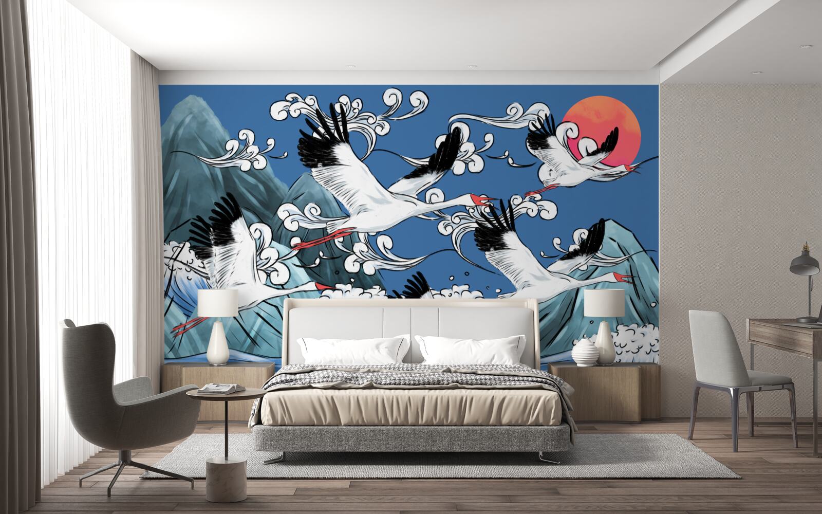 Fototapeta bociany kierują się w stronę morskiego zachodu słońca