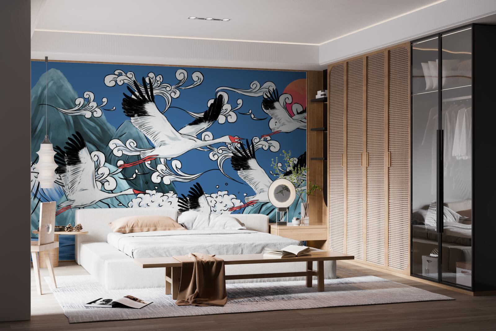 Fototapeta bociany kierują się w stronę morskiego zachodu słońca