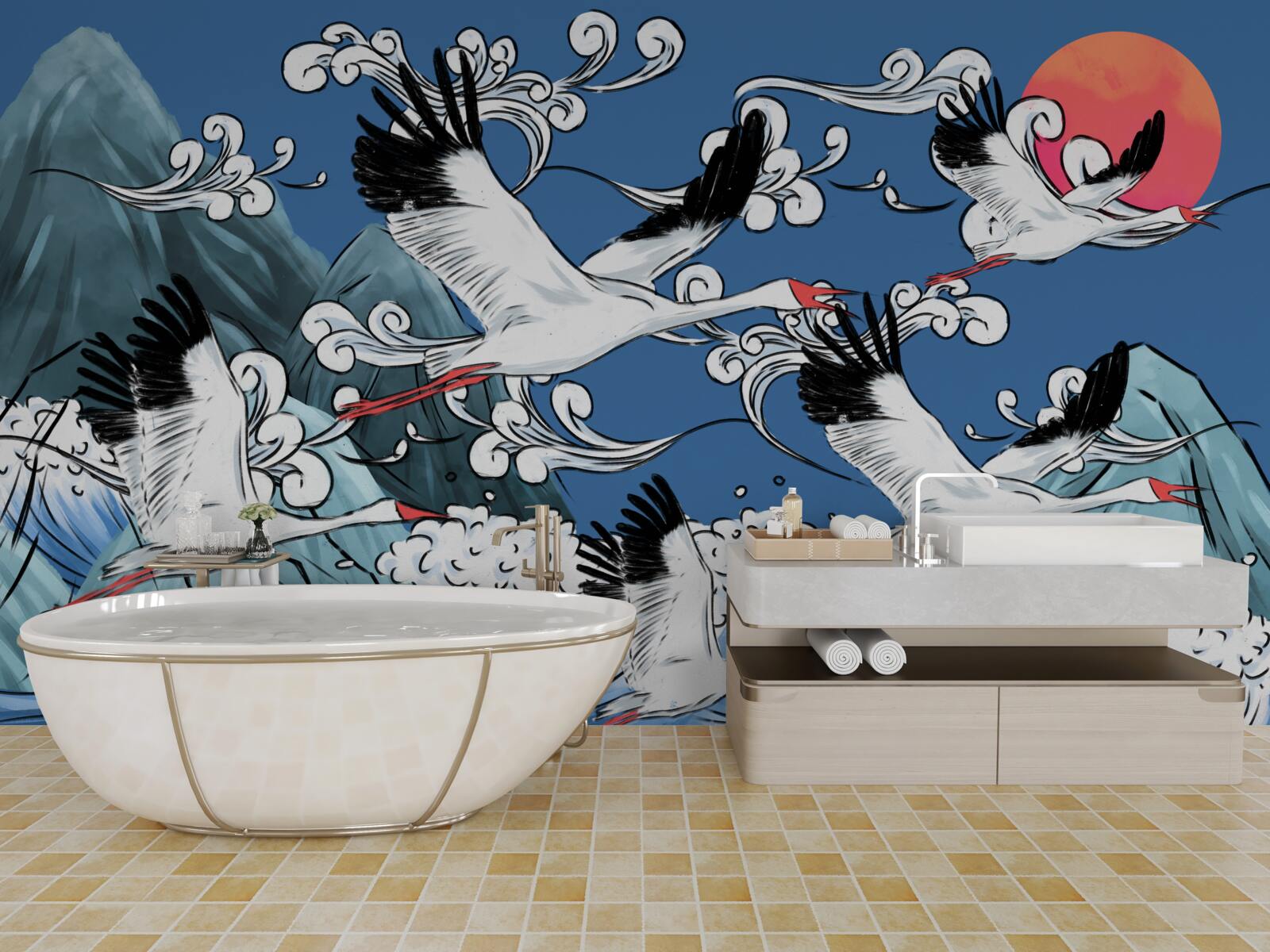 Fototapeta bociany kierują się w stronę morskiego zachodu słońca