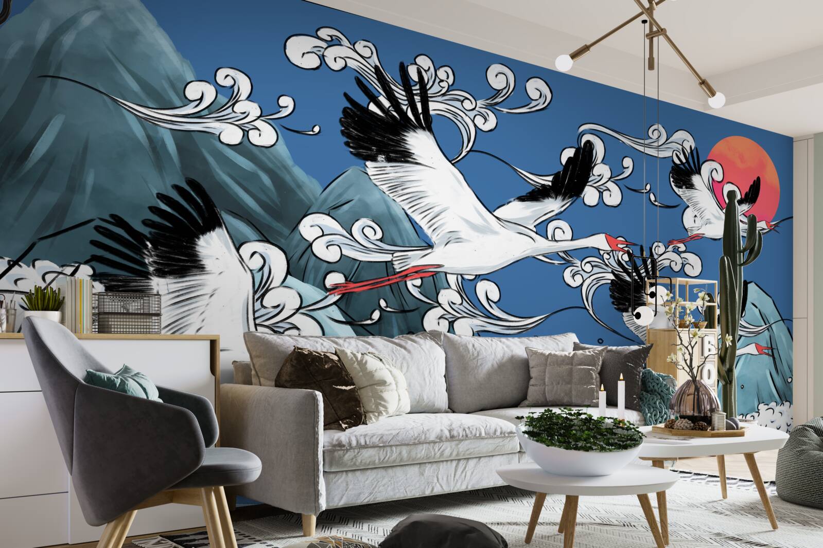 Fototapeta bociany kierują się w stronę morskiego zachodu słońca