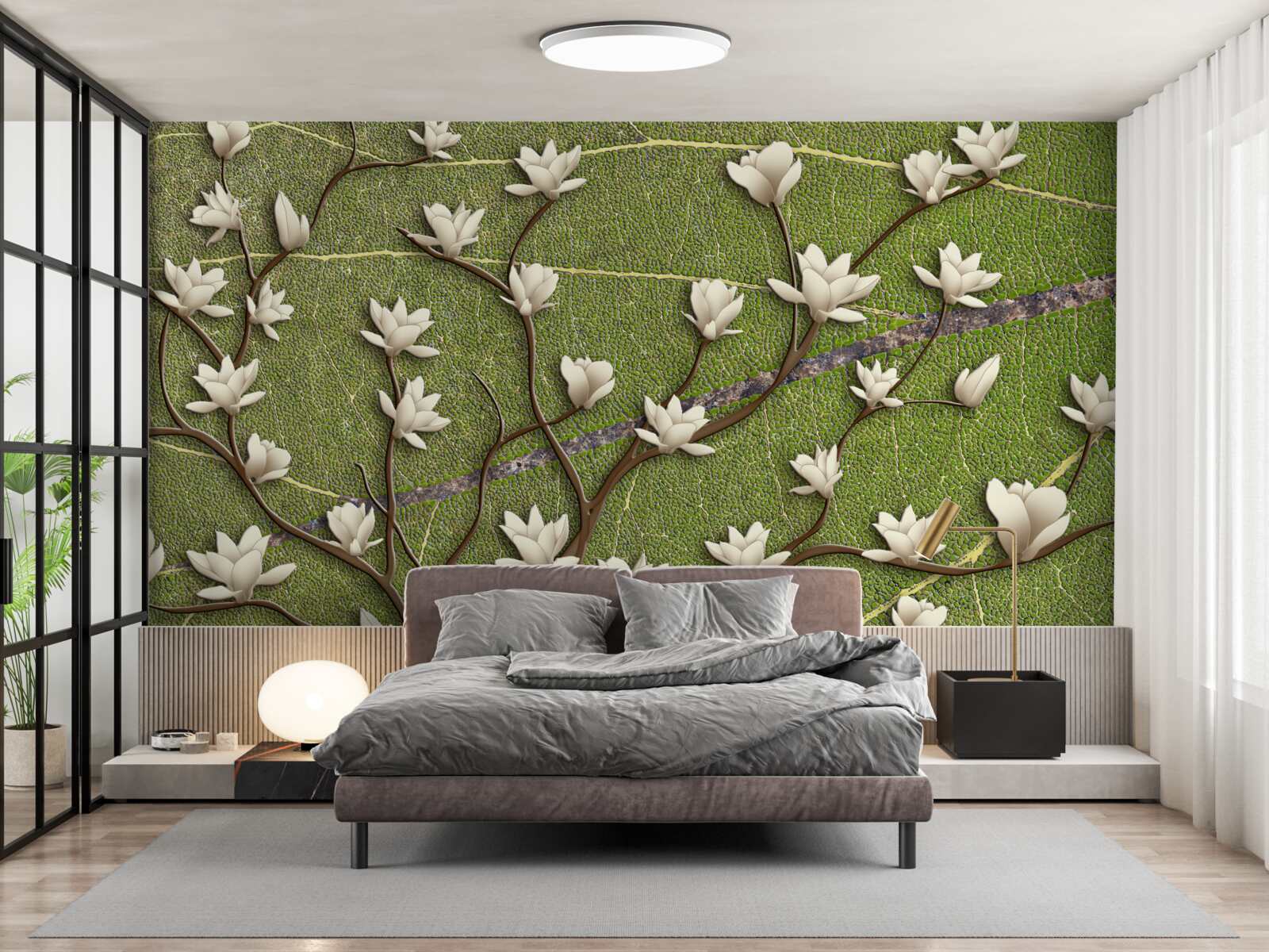 Fototapeta Śnieżnobiałe gałęzie magnolii na zielonym tle