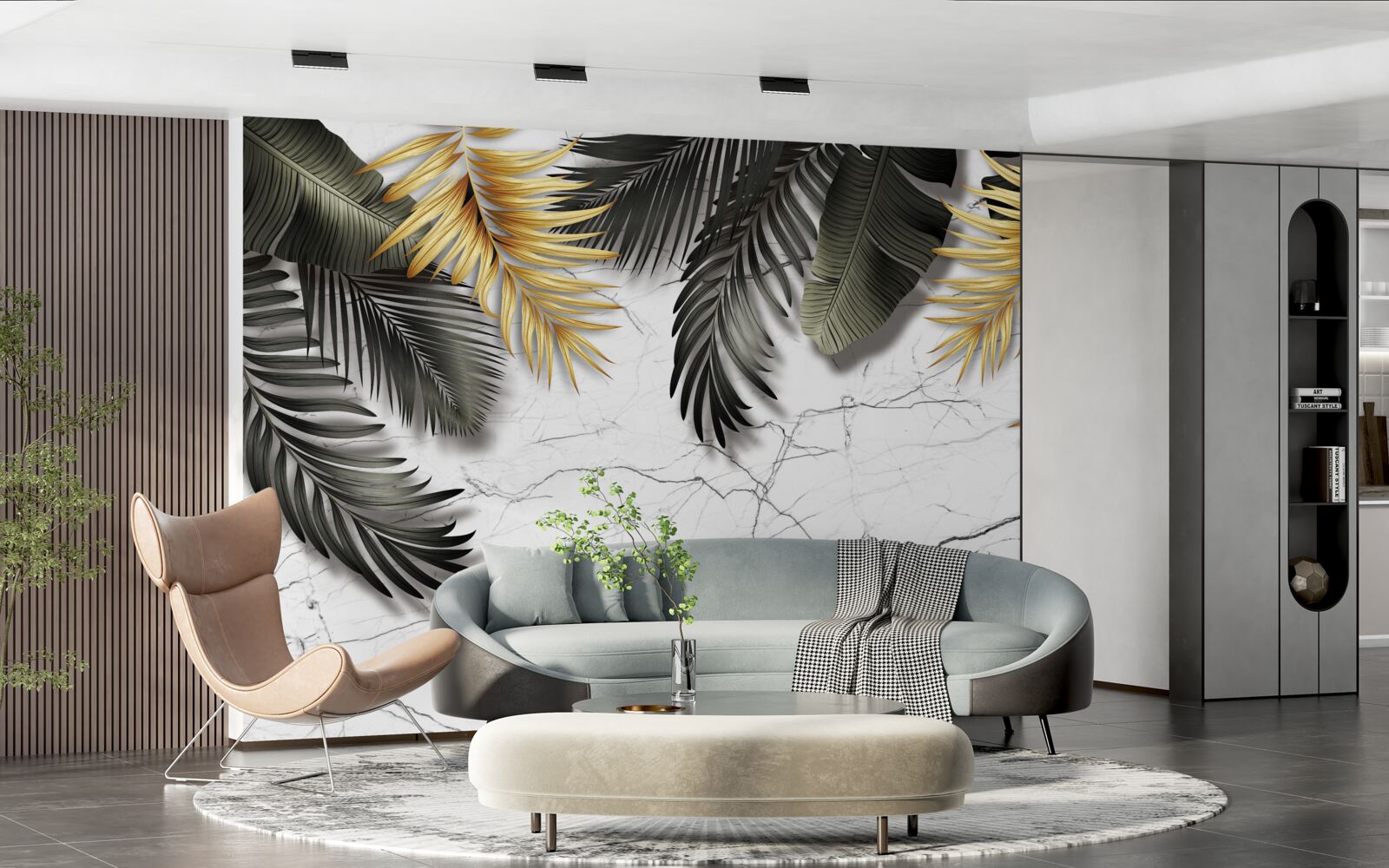 Fototapeta marmur ozdobiony jest złotymi i czarnymi liśćmi palmowymi