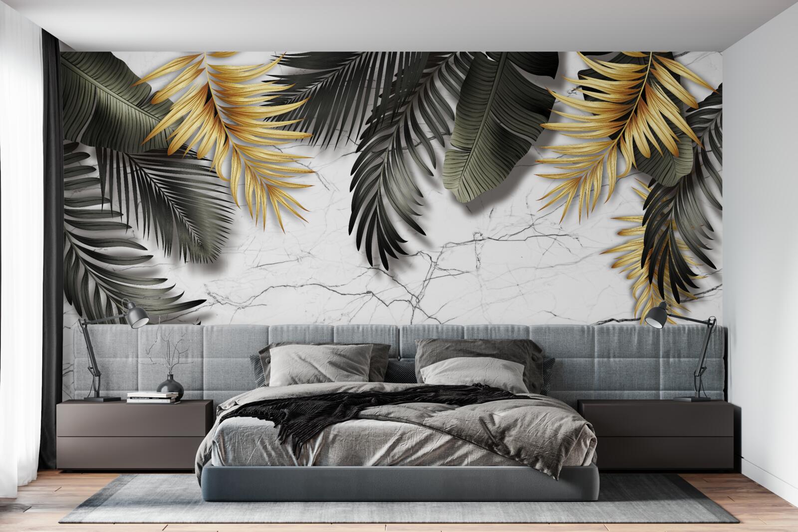 Fototapeta marmur ozdobiony jest złotymi i czarnymi liśćmi palmowymi
