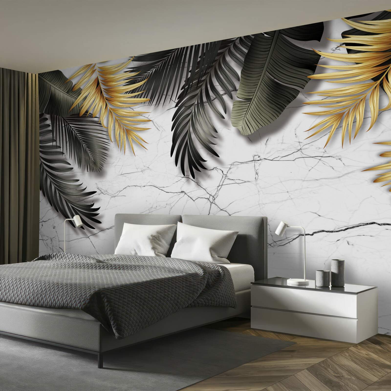 Fototapeta marmur ozdobiony jest złotymi i czarnymi liśćmi palmowymi