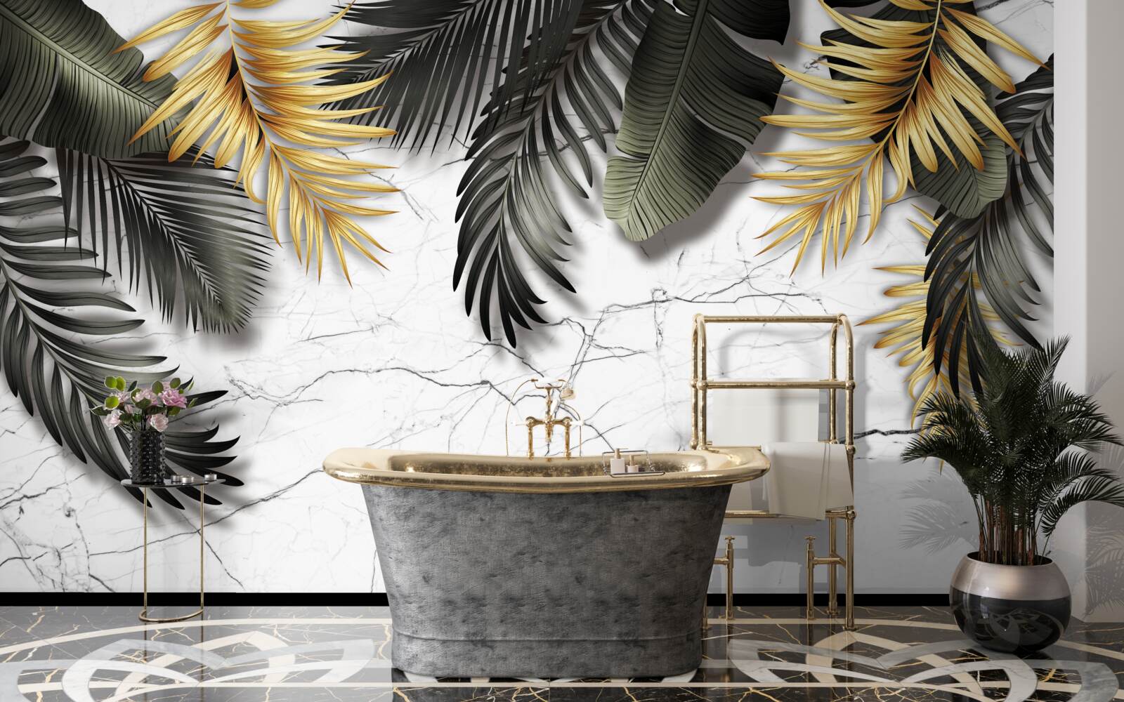 Fototapeta marmur ozdobiony jest złotymi i czarnymi liśćmi palmowymi