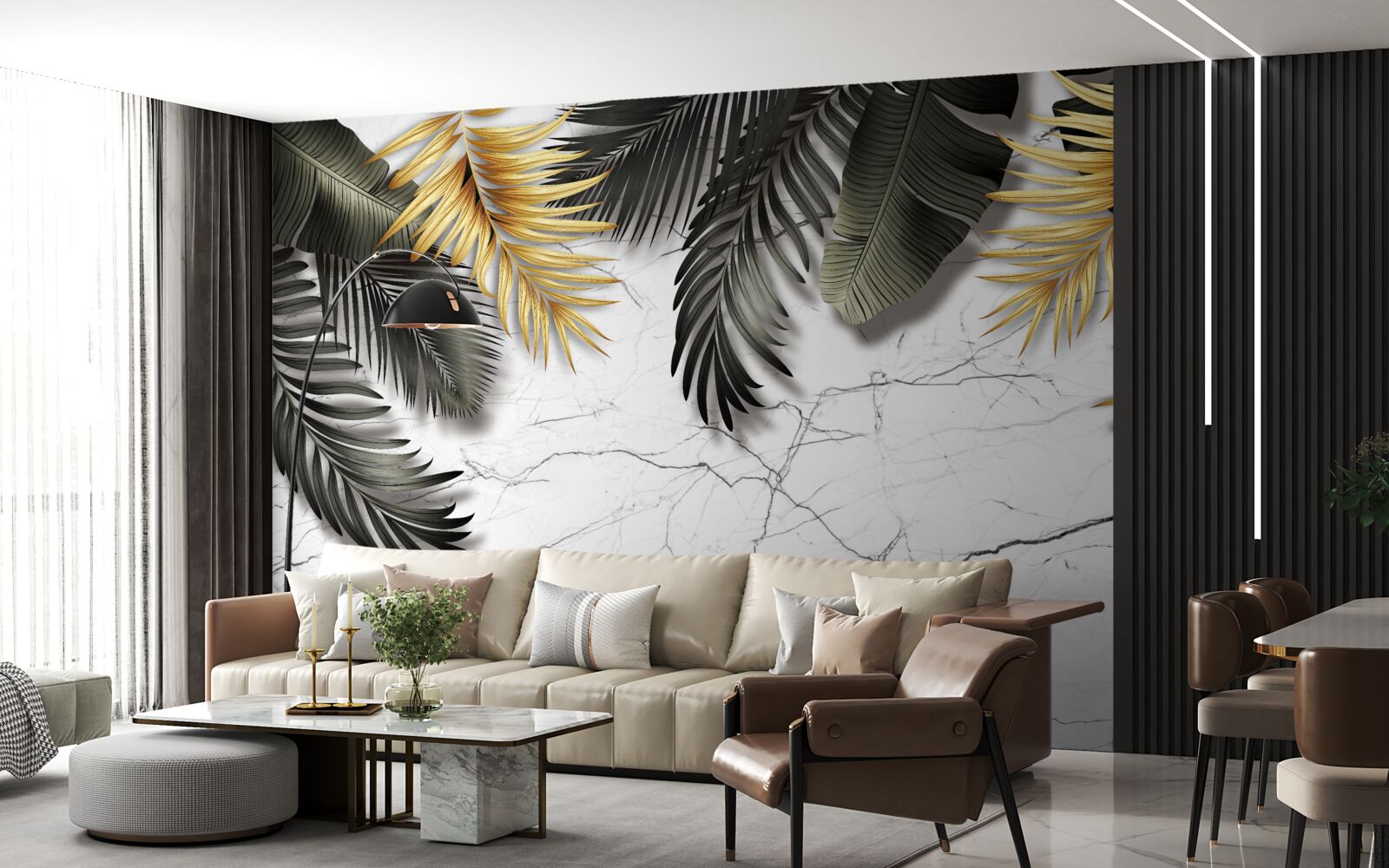 Fototapeta marmur ozdobiony jest złotymi i czarnymi liśćmi palmowymi