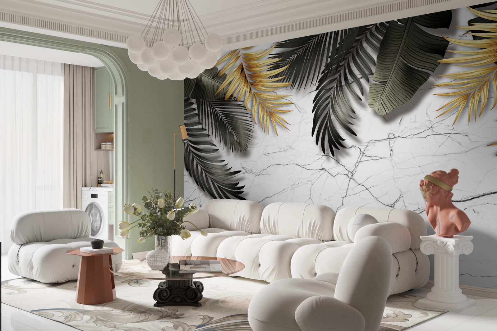 Fototapeta marmur ozdobiony jest złotymi i czarnymi liśćmi palmowymi