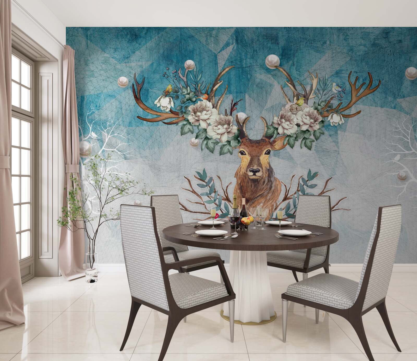 Fototapeta zimą łania z kwiatami zdobiącymi jej poroże