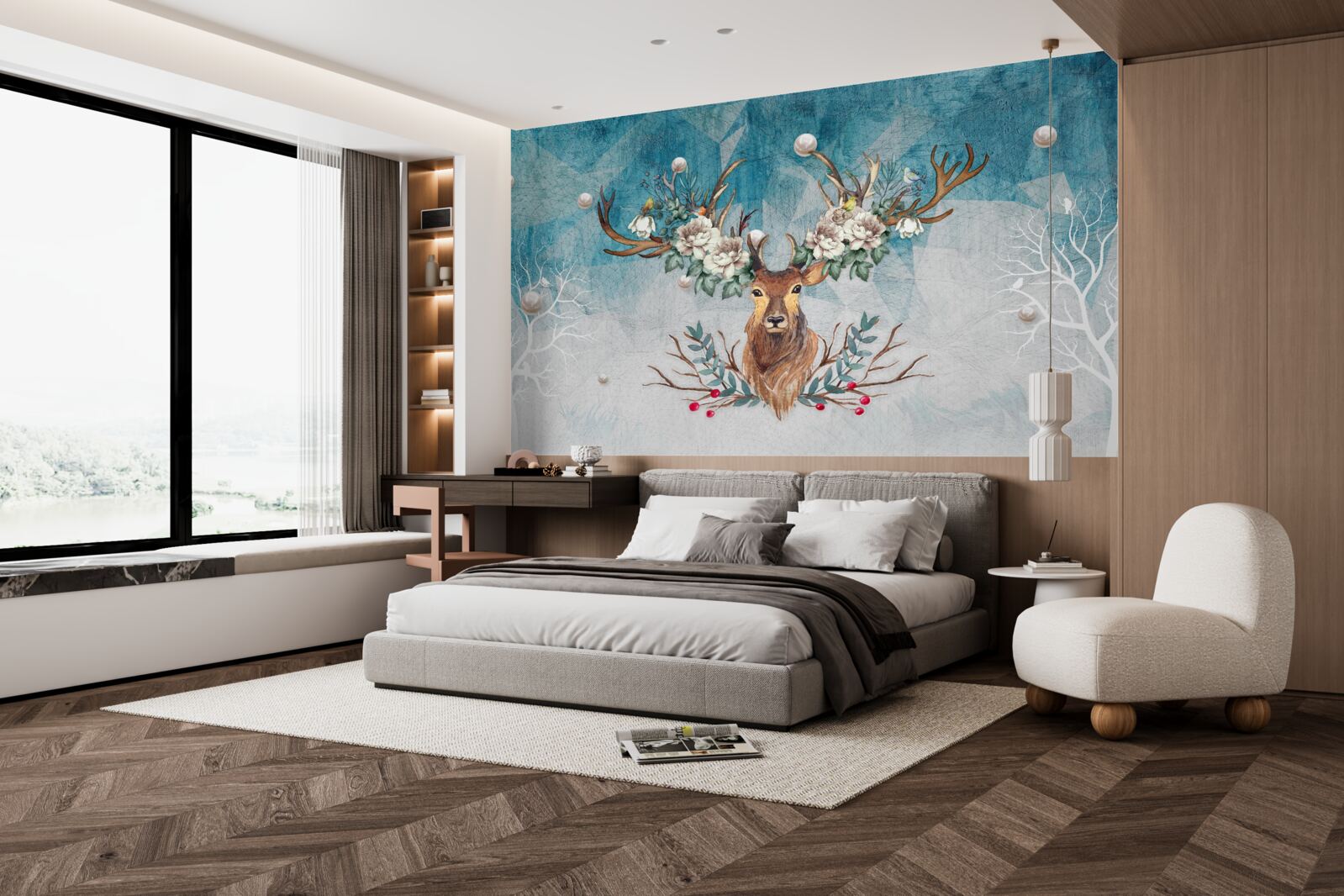 Fototapeta zimą łania z kwiatami zdobiącymi jej poroże