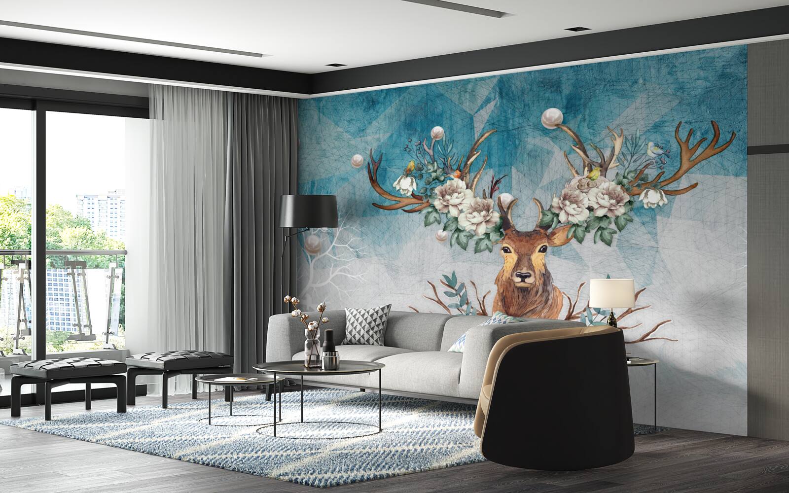 Fototapeta zimą łania z kwiatami zdobiącymi jej poroże