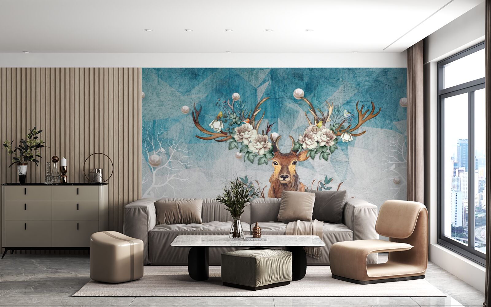 Fototapeta zimą łania z kwiatami zdobiącymi jej poroże