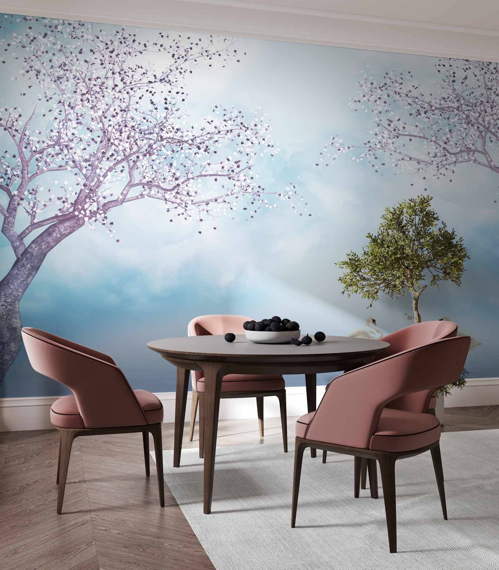 Fototapeta z łabędziami nad jeziorem pod mgłą