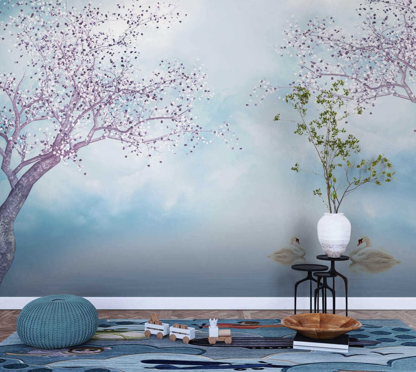 Fototapeta z łabędziami nad jeziorem pod mgłą