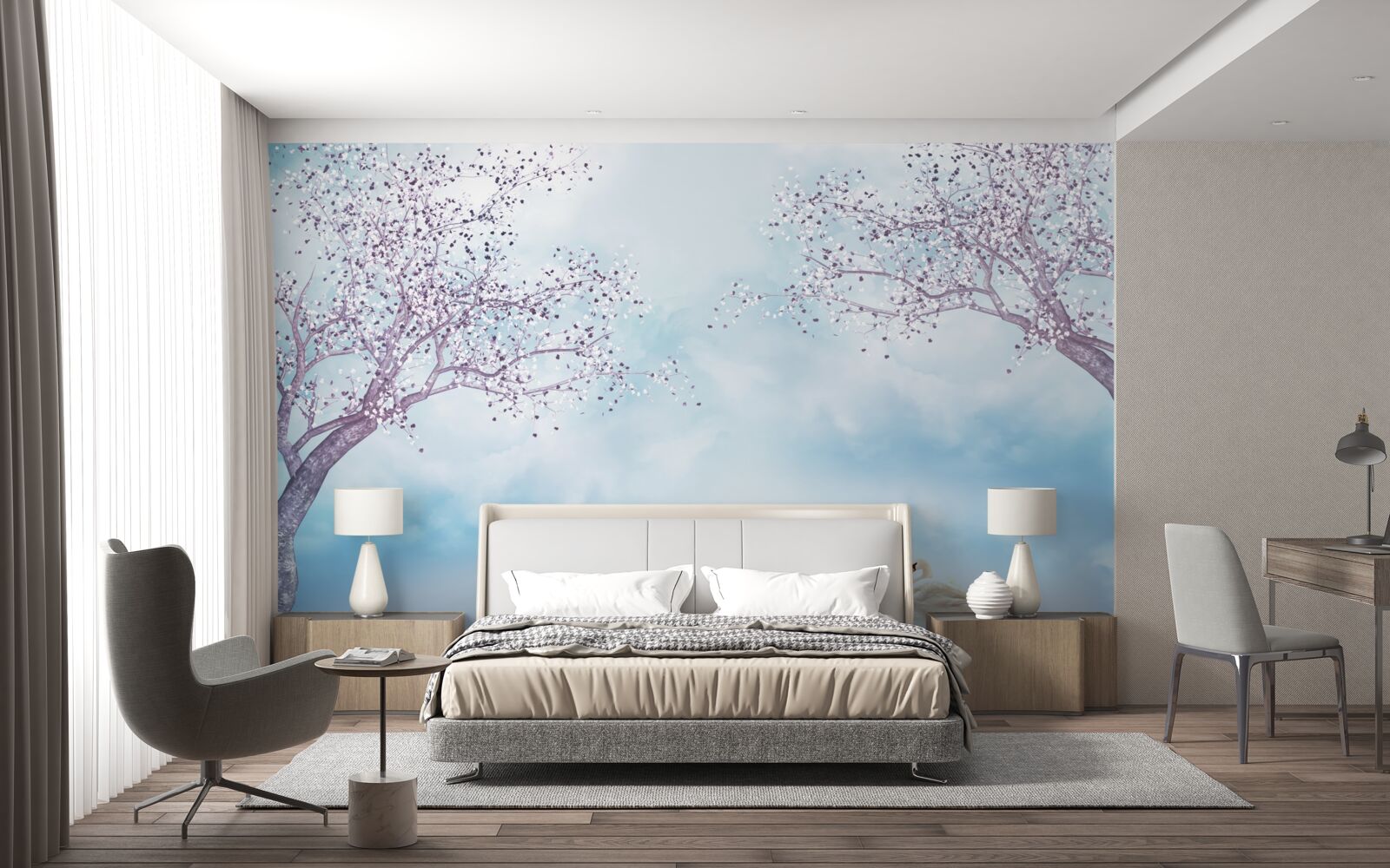 Fototapeta z łabędziami nad jeziorem pod mgłą