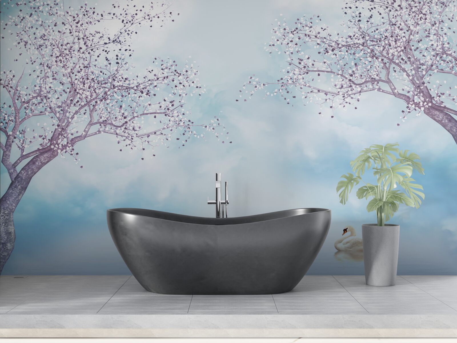 Fototapeta z łabędziami nad jeziorem pod mgłą