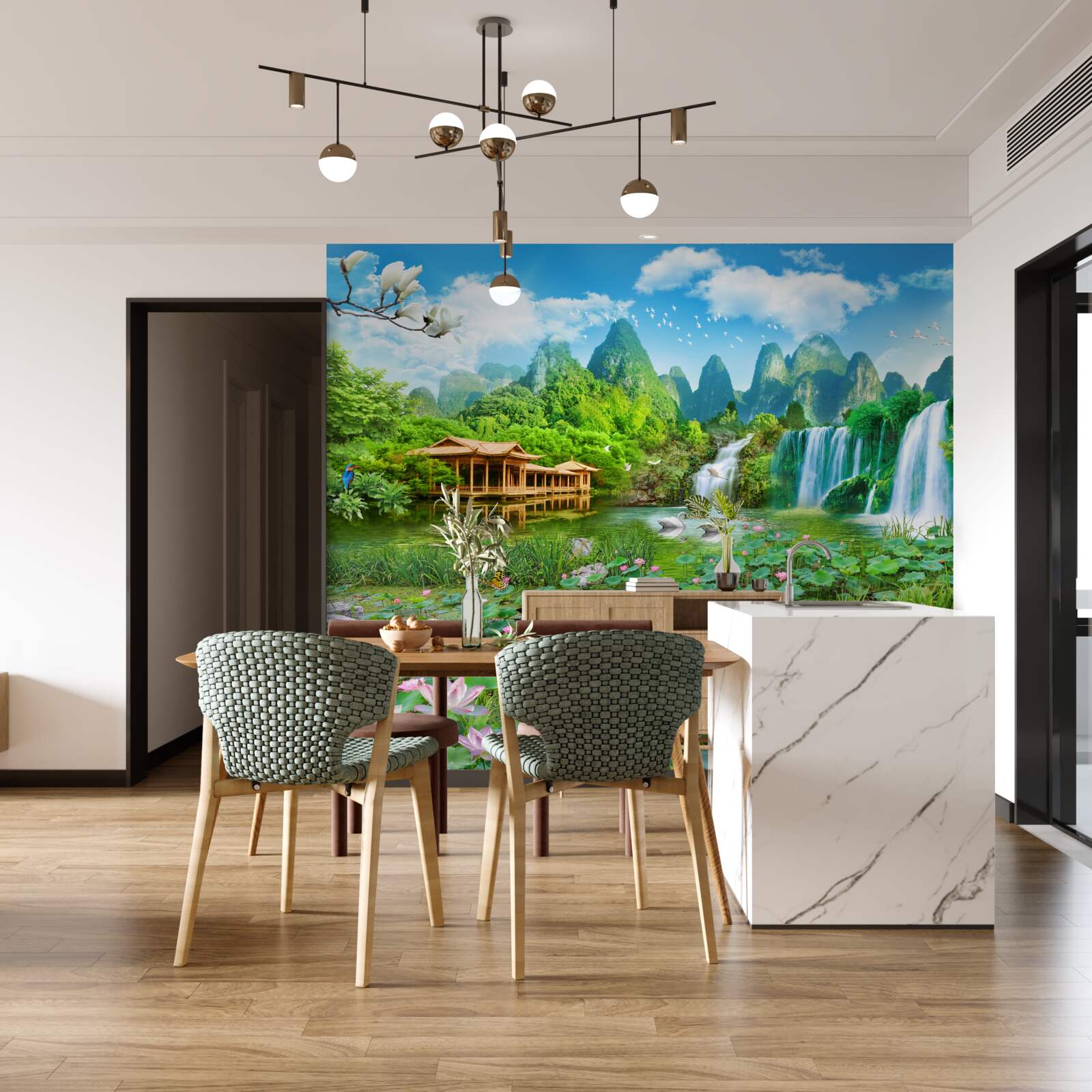 Fototapeta mieszkanie w pobliżu wodospadu wpadającego do naturalnego zbiornika wodnego