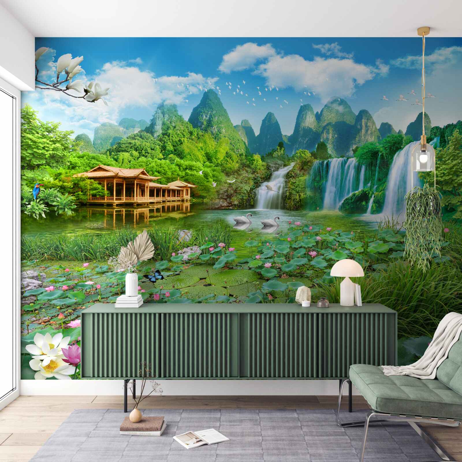 Fototapeta mieszkanie w pobliżu wodospadu wpadającego do naturalnego zbiornika wodnego