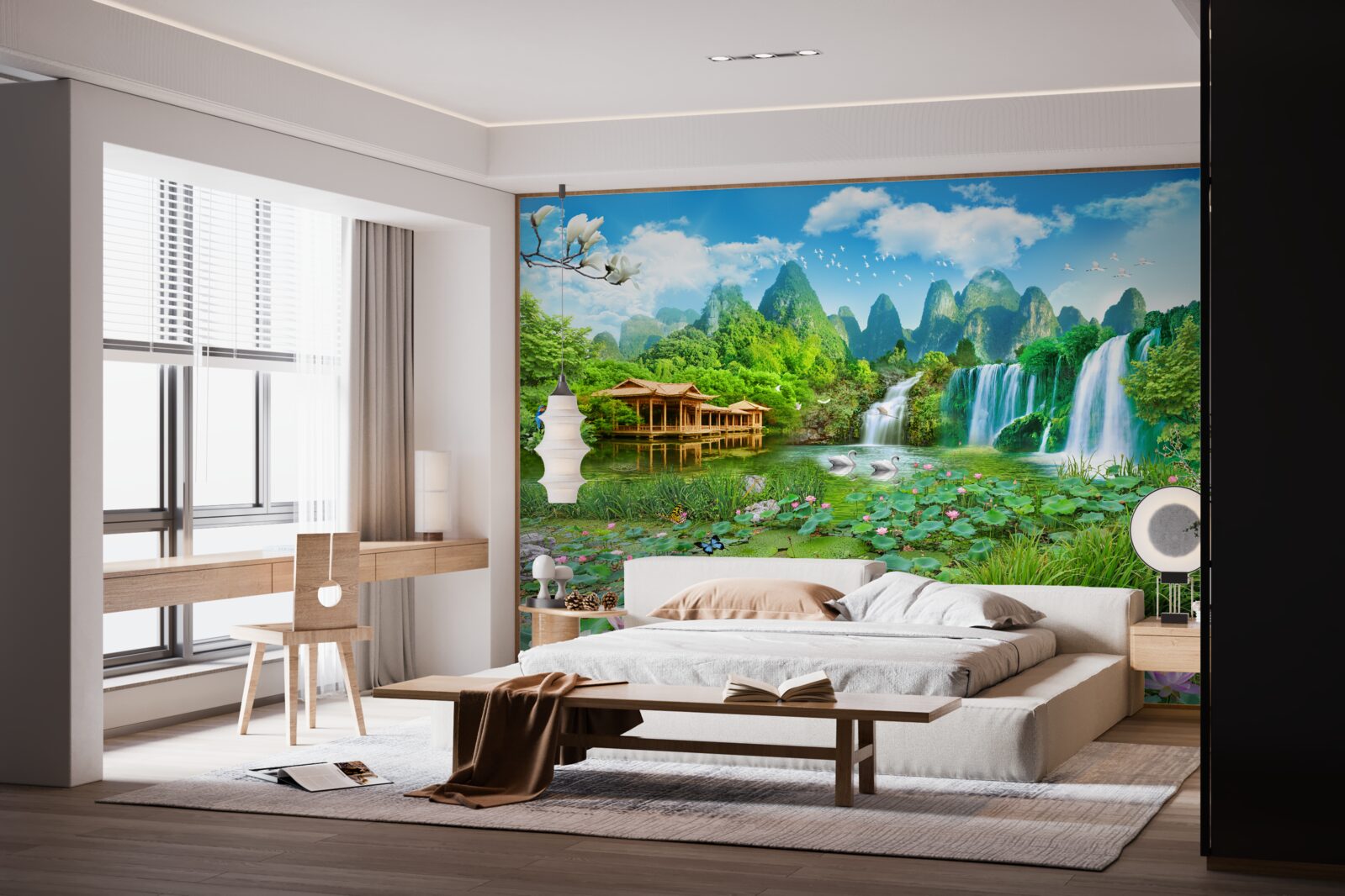 Fototapeta mieszkanie w pobliżu wodospadu wpadającego do naturalnego zbiornika wodnego