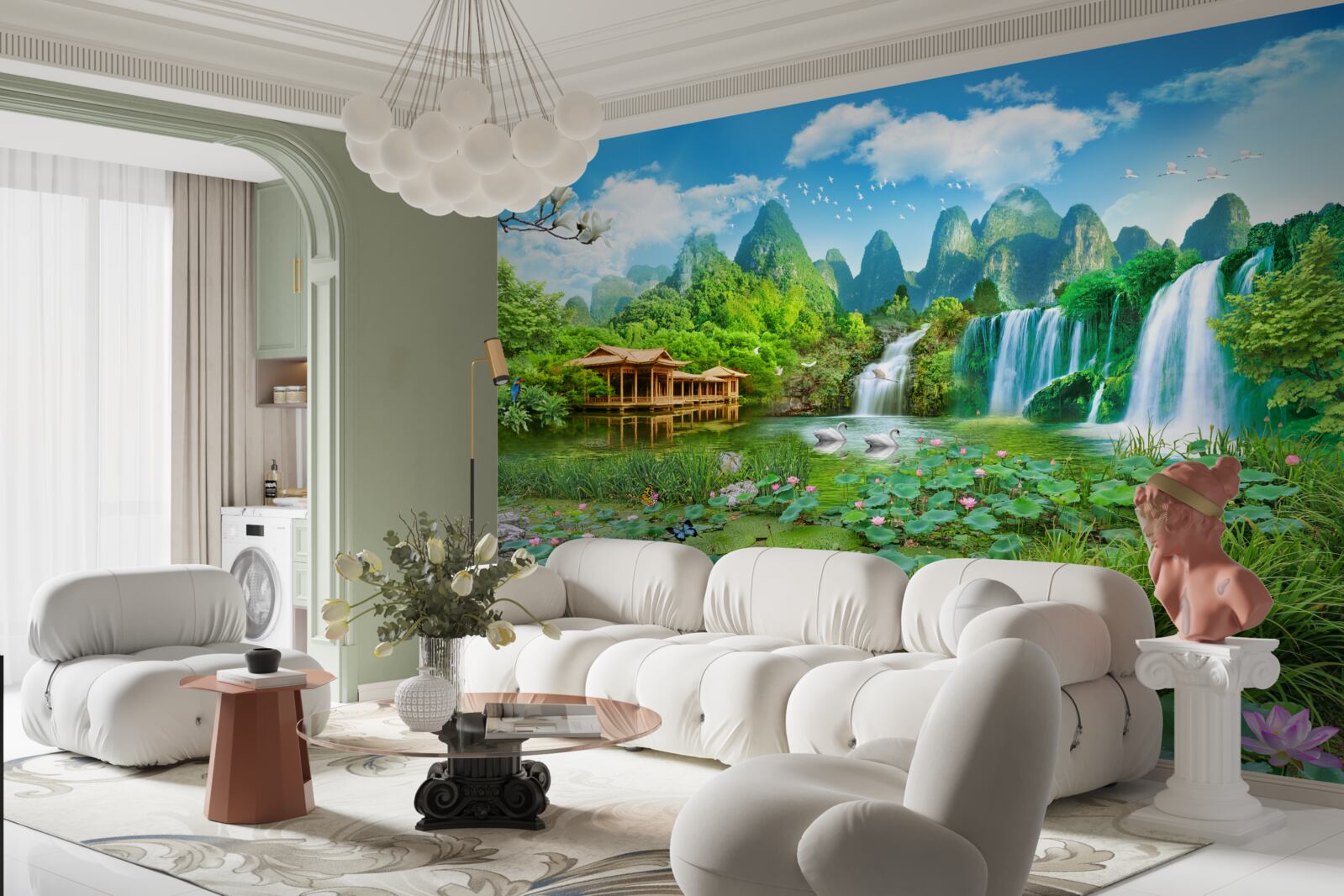 Fototapeta mieszkanie w pobliżu wodospadu wpadającego do naturalnego zbiornika wodnego