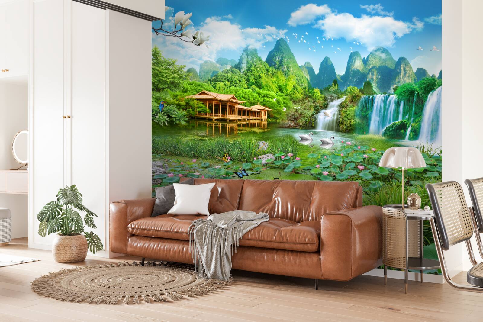 Fototapeta mieszkanie w pobliżu wodospadu wpadającego do naturalnego zbiornika wodnego