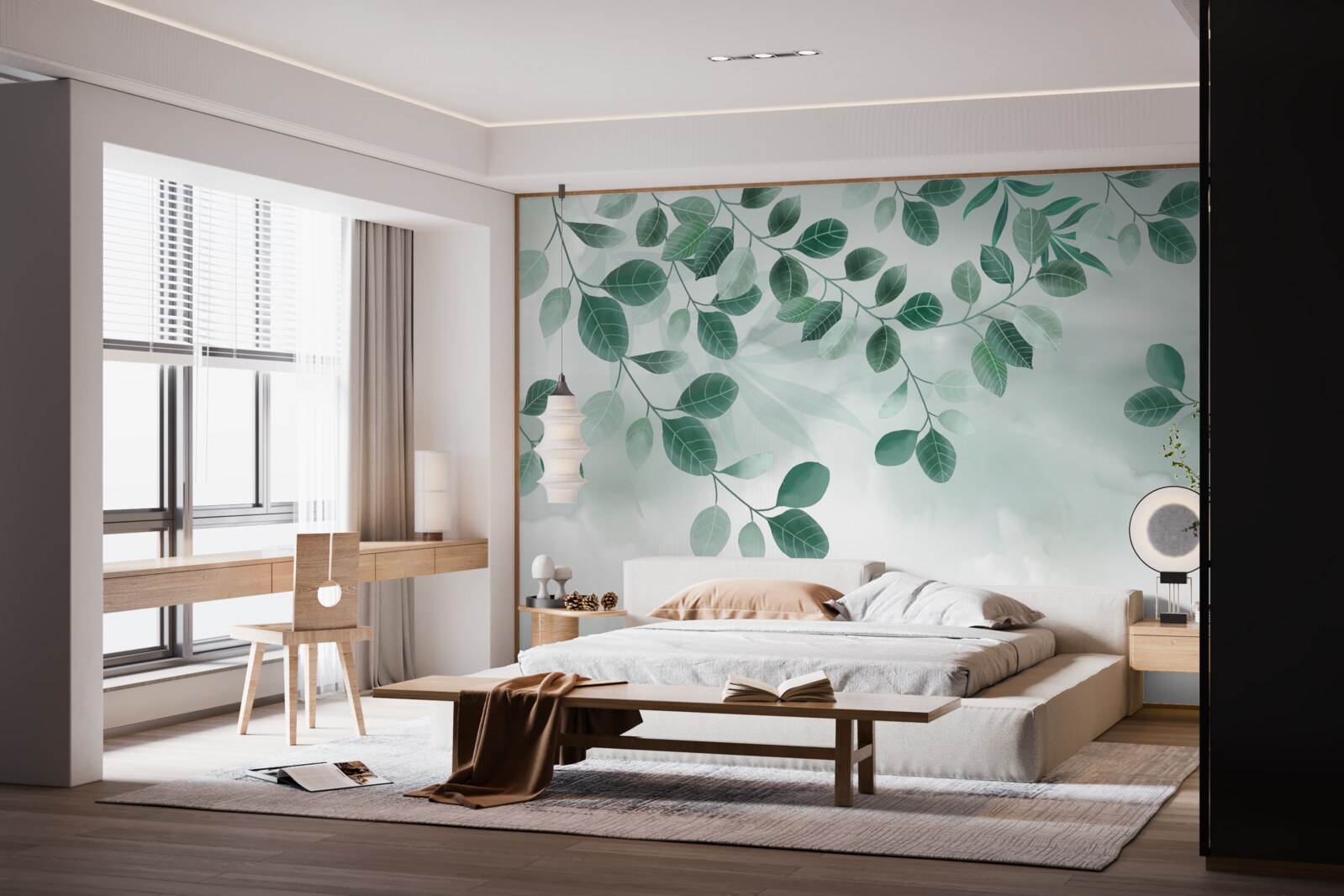 Fototapeta gałęzie z zielonymi liśćmi rozpościerają się na tle nieba