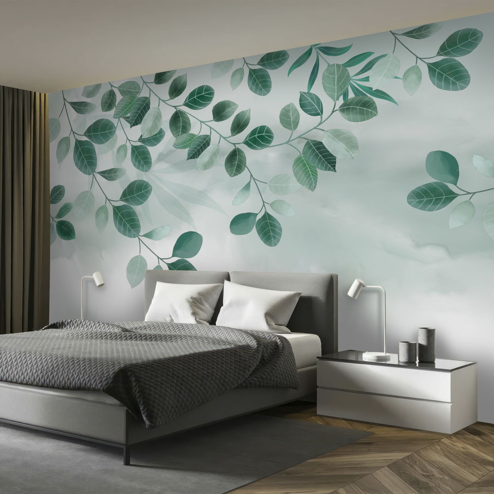 Fototapeta gałęzie z zielonymi liśćmi rozpościerają się na tle nieba