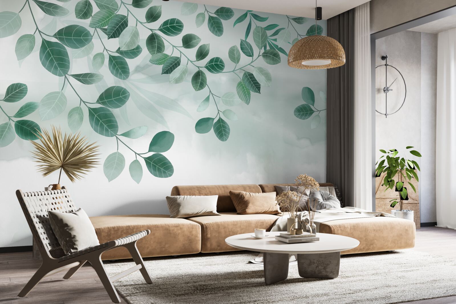 Fototapeta gałęzie z zielonymi liśćmi rozpościerają się na tle nieba