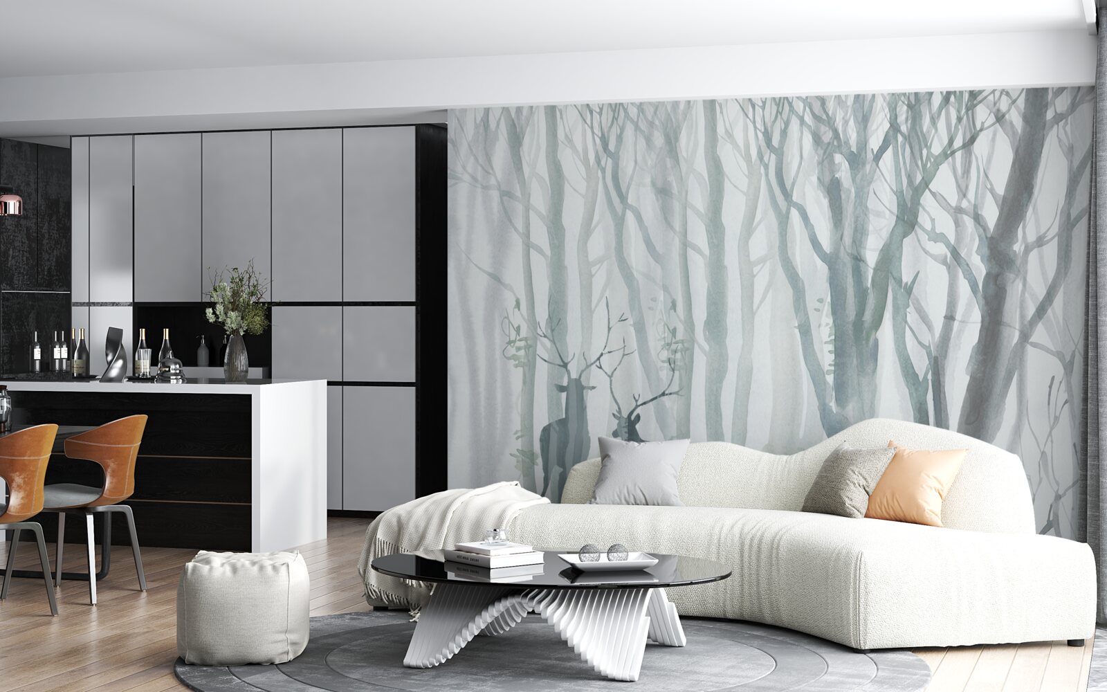 Fototapeta zimowy las, mglisty, zamieszkały przez jelenie