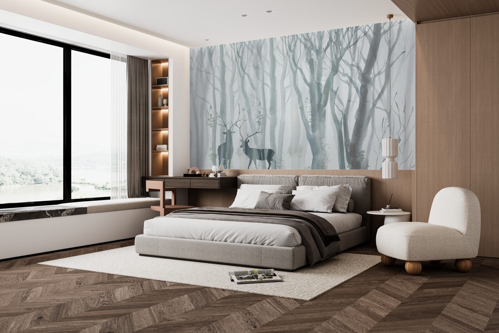 Fototapeta zimowy las, mglisty, zamieszkały przez jelenie