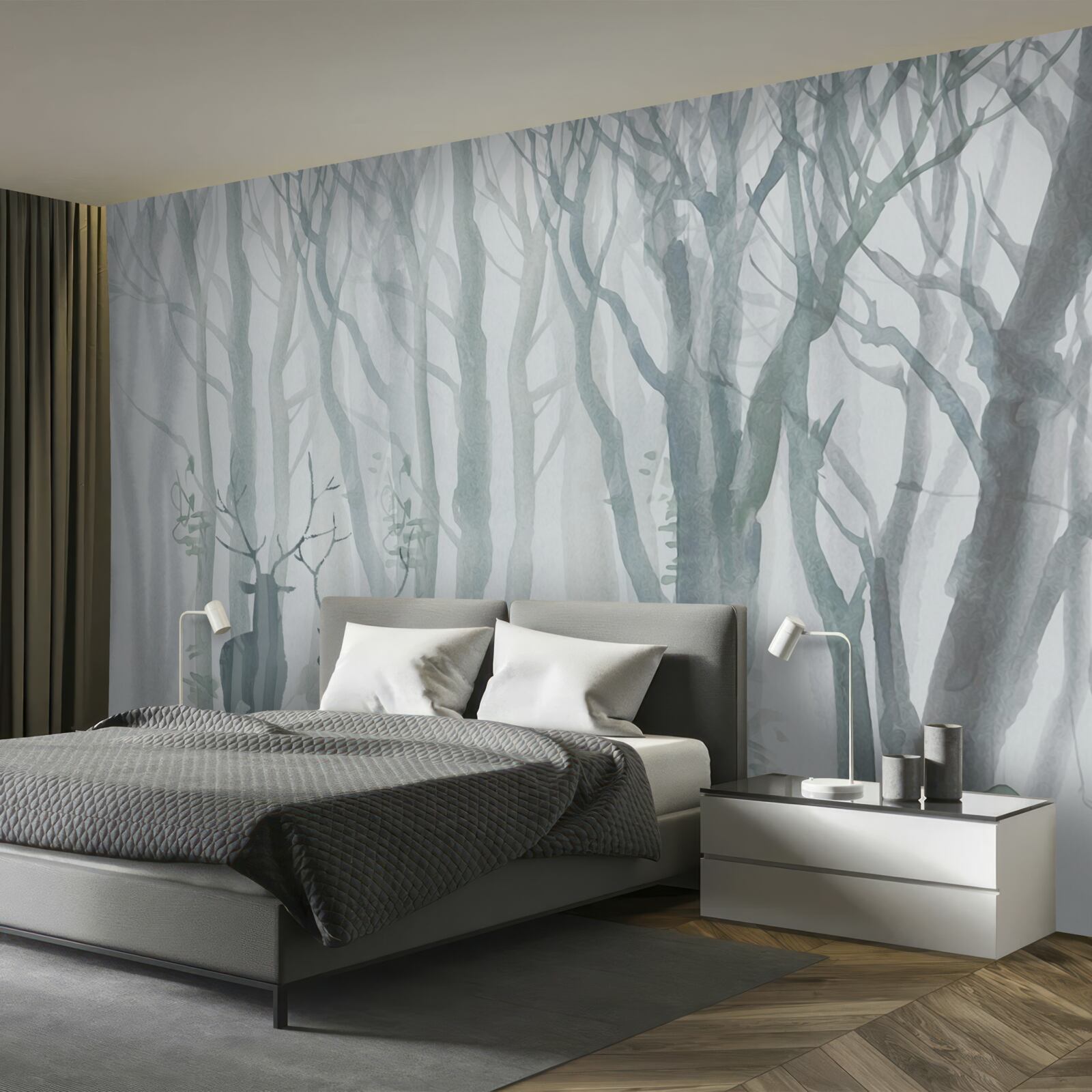 Fototapeta zimowy las, mglisty, zamieszkały przez jelenie