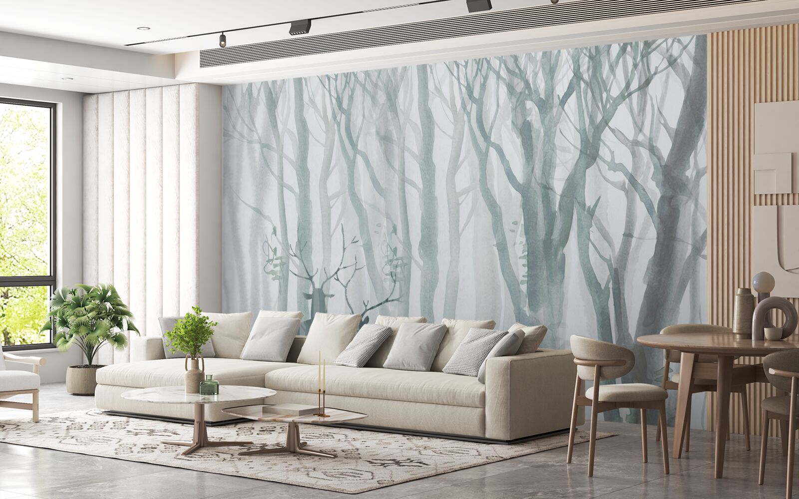 Fototapeta zimowy las, mglisty, zamieszkały przez jelenie