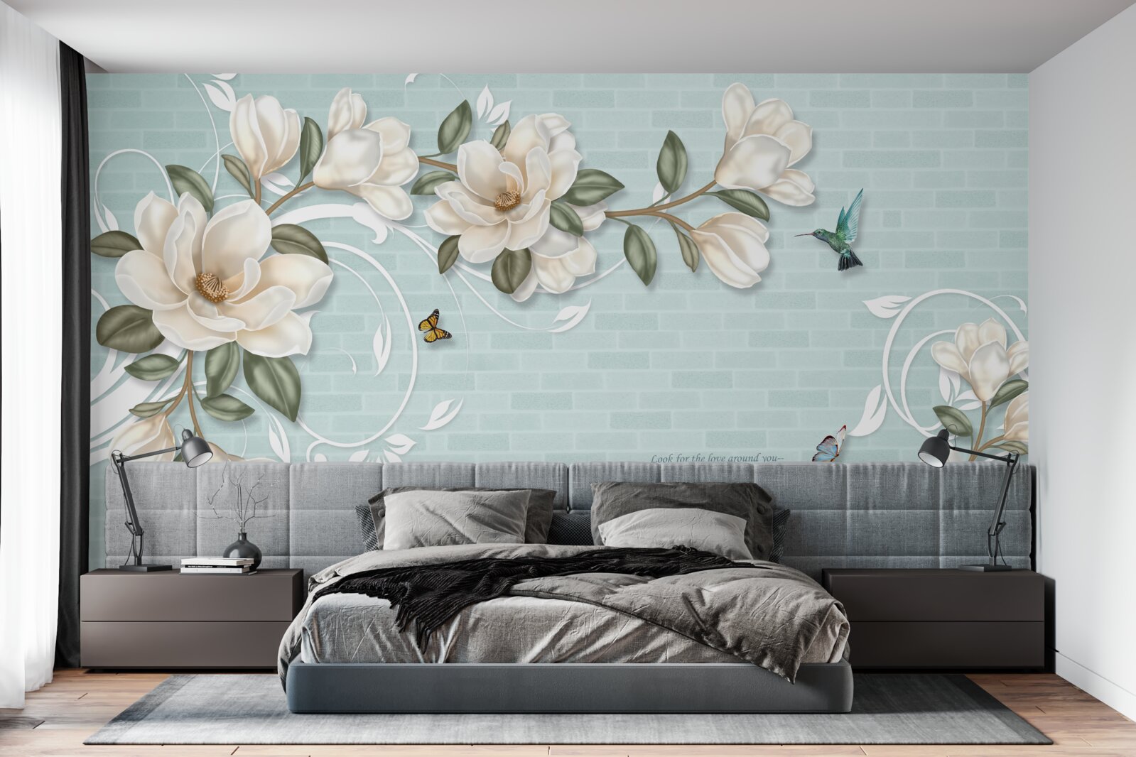 Fototapeta motyle i kolibry w pobliżu śnieżnobiałych pąków