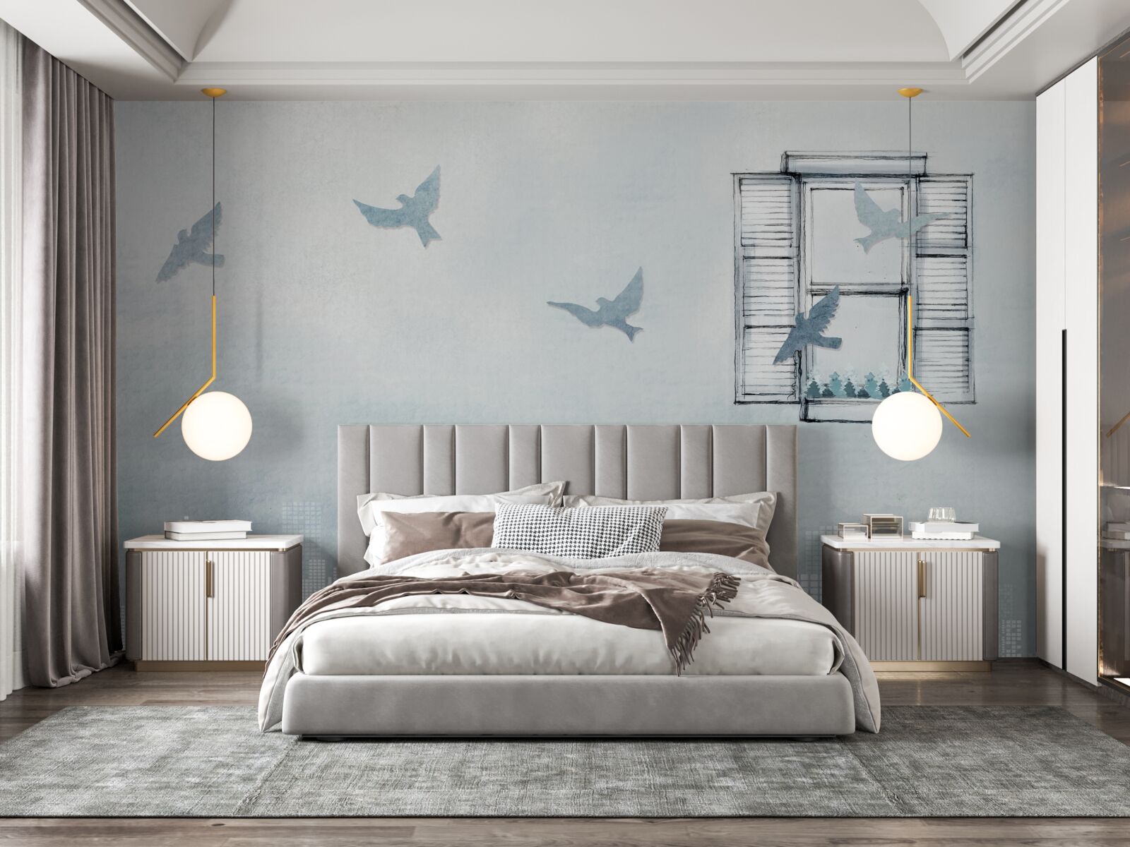 Fototapeta ptaki latające nad dużym miastem