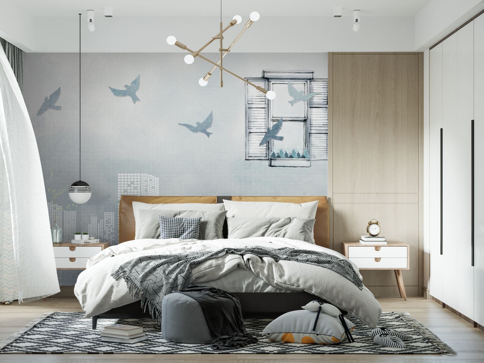 Fototapeta ptaki latające nad dużym miastem