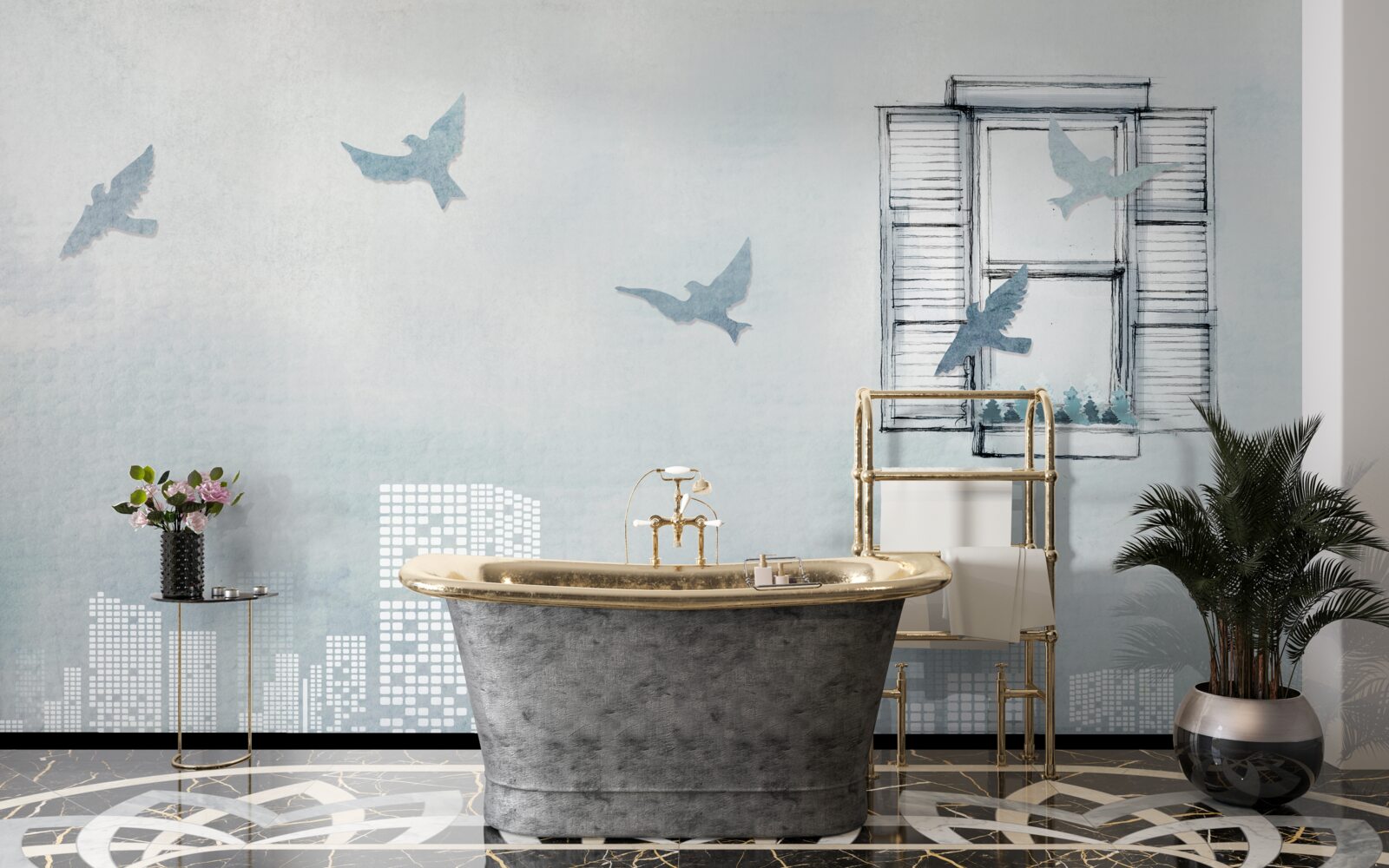 Fototapeta ptaki latające nad dużym miastem