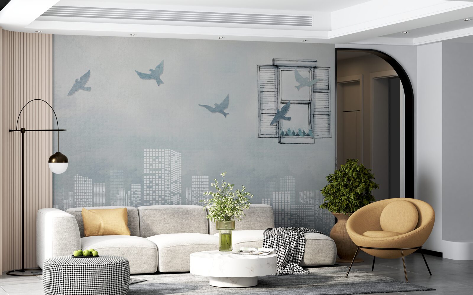 Fototapeta ptaki latające nad dużym miastem